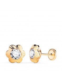 18K PENDIENTES ORO AMARILLO CHATON FLOR ORLA TALLADA CIRCONITA. MEDIDA: 9MM CIERRE TUERCA