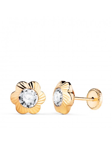 18K PENDIENTES ORO AMARILLO CHATON FLOR ORLA TALLADA CIRCONITA. MEDIDA: 9MM CIERRE TUERCA