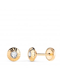 18K PENDIENTES ORO AMARILLO CHATON REDONDOS ORLA TALLADA CIRCONITA. MEDIDA: 5 5MM CIERRE TUERCA
