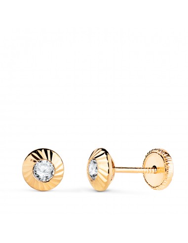 18K PENDIENTES ORO AMARILLO CHATON REDONDOS ORLA TALLADA CIRCONITA. MEDIDA: 5 5MM CIERRE TUERCA