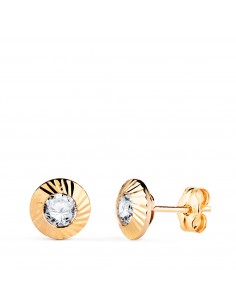 18K PENDIENTES ORO AMARILLO REDONDOS ORLA TALLADA CIRCONITA. MEDIDA: 7MM. CIERRE PRESION