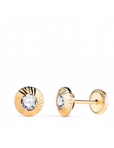 18K PENDIENTES ORO AMARILLO CHATON REDONDOS ORLA TALLADA CIRCONITA. MEDIDA: 7MM CIERR TUERCA