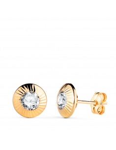 18K PENDIENTES ORO AMARILLO REDONDOS ORLA TALLADA CIRCONITA. MEDIDA: 9MM CIERRE PRESION