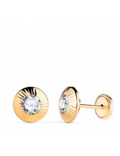18K PENDIENTES ORO AMARILLO CHATON REDONDOS ORLA TALLADA CIRCONITA. MEDIDA: 9MM. CIERRE TUERCA