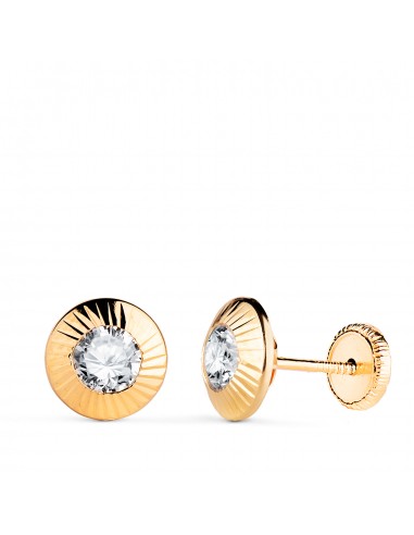 18K PENDIENTES ORO AMARILLO CHATON REDONDOS ORLA TALLADA CIRCONITA. MEDIDA: 9MM. CIERRE TUERCA