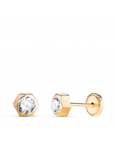 18K PENDIENTES ORO AMARILLO CHATON HEXAGONO CON CIRCONITA. MEDIDA: 5 X 4 5 MM. CIERRE TUERCA