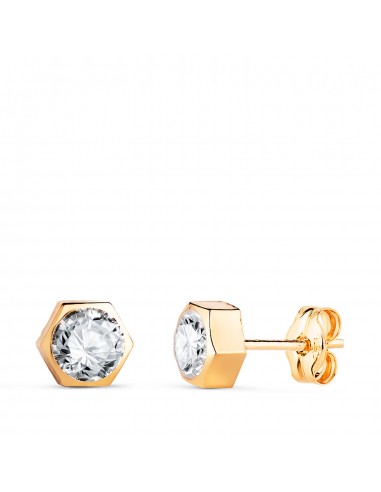 18K PENDIENTES ORO AMARILLO CHATON HEXAGONO CON CIRCONITA. MEDIDA: 6 X 5 5 MM. CIERRE PRESION