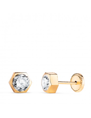 18K PENDIENTES ORO AMARILLO CHATON HEXAGONO CON CIRCONITA. MEDIDA: 6 X 5 5 MM. CIERRE TUERCA
