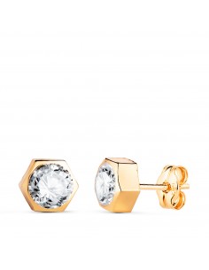 18K PENDIENTES ORO AMARILLO CHATON HEXAGONO CON CIRCONITA. MEDIDA: 7 X 6 5 MM. CIERRE PRESION