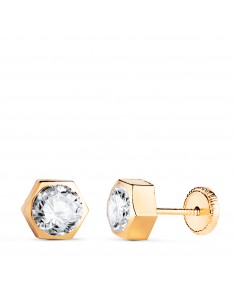 18K PENDIENTES ORO AMARILLO CHATON HEXAGONO CON CIRCONITA. MEDIDA: 7 X 6 5 MM. CIERRE TUERCA