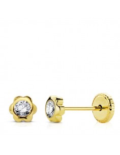 18K PENDIENTES ORO AMARILLO CHATON MARGARITA CIRCONITA 4 MM CIERRE TUERCA
