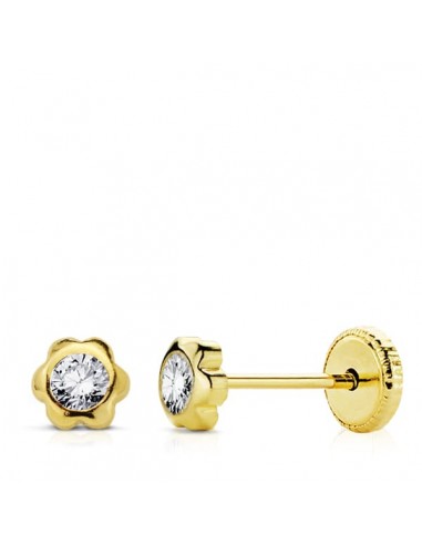 18K PENDIENTES ORO AMARILLO CHATON MARGARITA CIRCONITA 4 MM CIERRE TUERCA