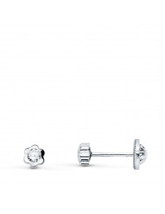 18K PENDIENTES ORO BLANCO CHATON FLOR CON CIRCONITA 3.5X3.5 MM CIERRE TUERCA