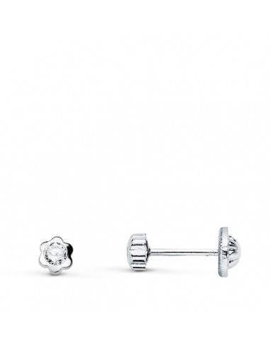 18K PENDIENTES ORO BLANCO CHATON FLOR CON CIRCONITA 3.5X3.5 MM CIERRE TUERCA