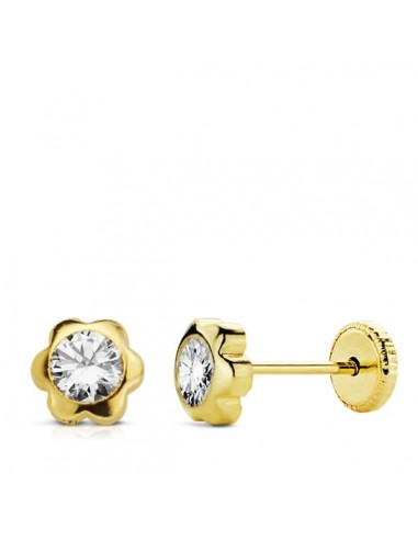 18K PENDIENTES ORO AMARILLO CHATON MARGARITA CIRCONITA 5 MM CIERRE TUERCA