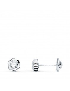 18K PENDIENTES ORO BLANCO CHATON FLOR CON CIRCONITA 5X5 MM CIERRE TUERCA