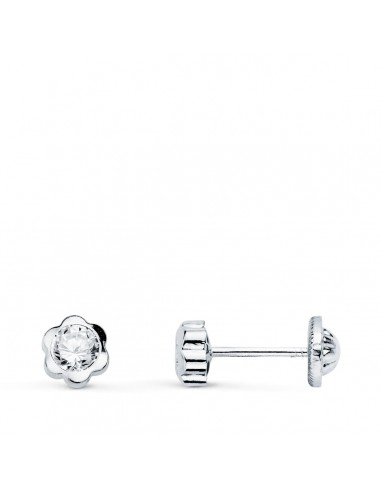 18K PENDIENTES ORO BLANCO CHATON FLOR CON CIRCONITA 5X5 MM CIERRE TUERCA