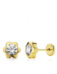18K PENDIENTES ORO AMARILLO CHATON MARGARITA CIRCONITA 6 MM CIERRE TUERCA