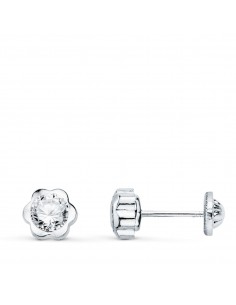 18K PENDIENTES ORO BLANCO CHATON FLOR CON CIRCONITA 6X6 MM CIERRE TUERCA