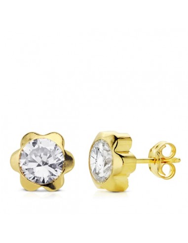 18K PENDIENTES ORO AMARILLO CHATON MARGARITA CIRCONITA 7 MM CIERRE TUERCA