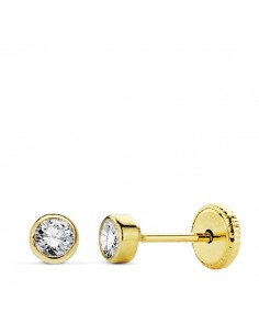 18K PENDIENTES ORO AMARILLO CHATON CIRCONITA REDONDOS TUERCA 3 MM