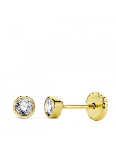 18K PENDIENTES ORO AMARILLO CHATON CIRCONITA REDONDOS TUERCA 3 MM