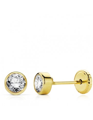 18K PENDIENTES ORO AMARILLO CHATON CIRCONITA REDONDOS  4 MM TUERCA