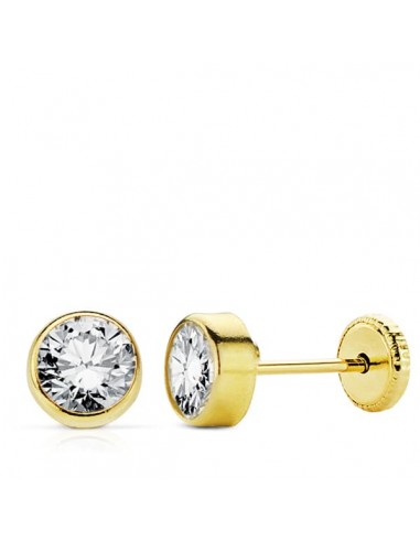 18K PENDIENTES ORO AMARILLO CHATON CIRCONITA REDONDOS 6 MM CIERRE TUERCA