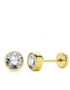 18K PENDIENTES ORO AMARILLO CHATON CIRCONITA REDONDOS 7 MM CIERRE TUERCA