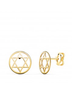 18K PENDIENTES ORO AMARILLO REDONDOS ESTRELLA DE DAVID BRILLO 8 MM. CIERRE PRESION