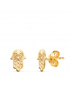 18K PENDIENTES ORO AMARILLO MANO DE FATIMA RELIEVE 7 X 5 MM. CIERRE PRESION