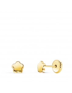 18K PENDIENTES ORO AMARILLO FLOR LISA BRILLO. 4 5 X 4 5 MM. CIERRE TUERCA