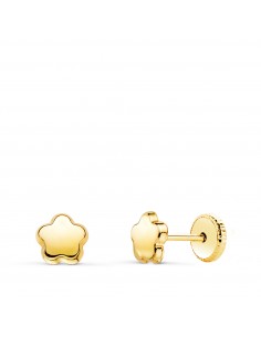 18K PENDIENTES ORO AMARILLO FLOR LISA BRILLO. 5 5 X 5 5 MM. CIERRE TUERCA