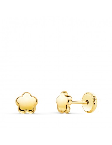 18K PENDIENTES ORO AMARILLO FLOR LISA BRILLO. 5 5 X 5 5 MM. CIERRE TUERCA