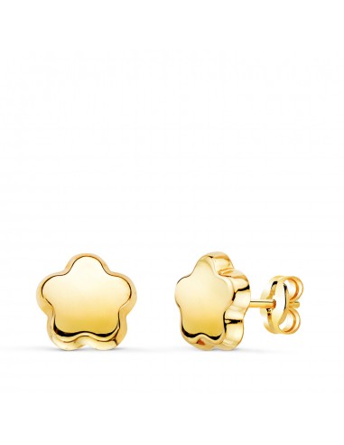 18K PENDIENTES ORO AMARILLO FLOR LISA BRILLO 7 5 X 7 5 MM. CIERRE PRESION