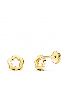 18K PENDIENTES ORO AMARILLO FLOR BRILLO CALADA 6 X 6 MM. CIERRE TUERCA