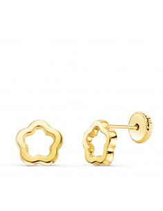 18K PENDIENTES ORO AMARILLO FLOR BRILLO CALADA 7 X 7 MM. CIERRE TUERCA