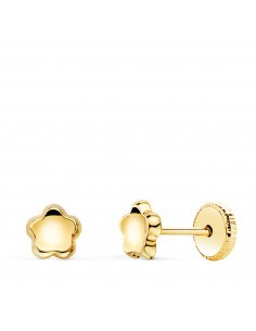 18K PENDIENTES ORO AMARILLO FLOR CONCAVO EN BRILLO 5X5 MM. CIERRE TUERCA