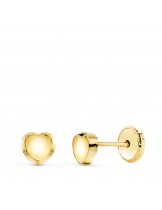 18K PENDIENTES ORO AMARILLO CORAZON REDONDO CONCAVO EN BRILLO 5X5 MM. CIERRE TUERCA