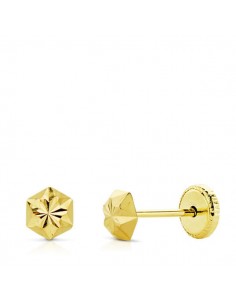 18K PENDIENTES ORO AMARILLO CLAVO ESTRELLA TALLADOS 4 MM CIERRE TUERCA