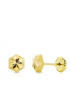 18K PENDIENTES ORO AMARILLO CLAVO ESTRELLA TALLADOS 5 MM CIERRE TUERCA