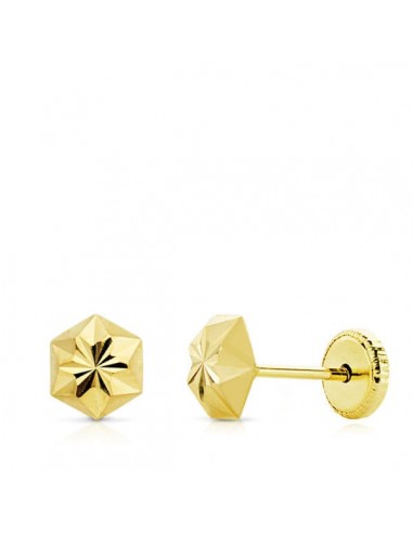 18K PENDIENTES ORO AMARILLO CLAVO ESTRELLA TALLADOS 5 MM CIERRE TUERCA