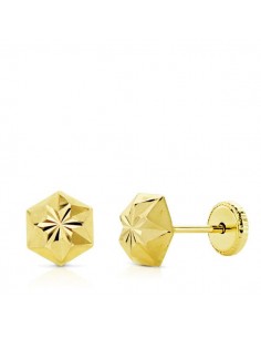 18K PENDIENTES ORO AMARILLO CLAVO ESTRELLA TALLADOS 6 MM CIERRE TUERCA