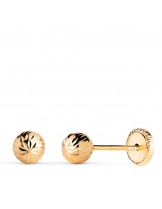 18K PENDIENTES ORO AMARILLO BOLA TALLADA HUECA. ANCHO: 5 MM. CIERRE TUERCA