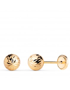 18K PENDIENTES ORO AMARILLO BOLA TALLADA HUECA. ANCHO: 6 MM. CIERRE TUERCA