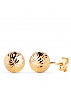 18K PENDIENTES ORO AMARILLO BOLA TALLADA HUECA. ANCHO: 8 MM. CIERRE PRESION