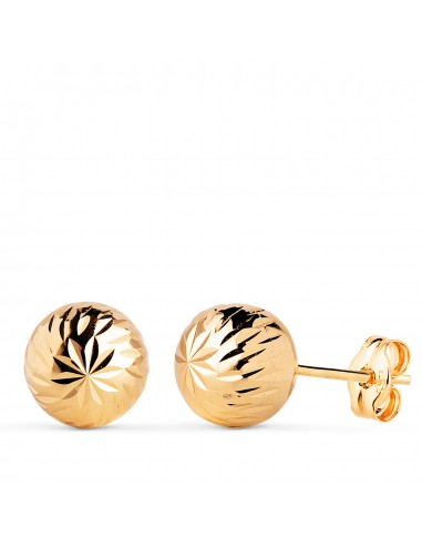 18K PENDIENTES ORO AMARILLO BOLA TALLADA HUECA. ANCHO: 8 MM. CIERRE PRESION