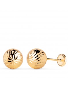 18K PENDIENTES ORO AMARILLO BOLA TALLADA HUECA. ANCHO: 8 MM. CIERRE TUERCA