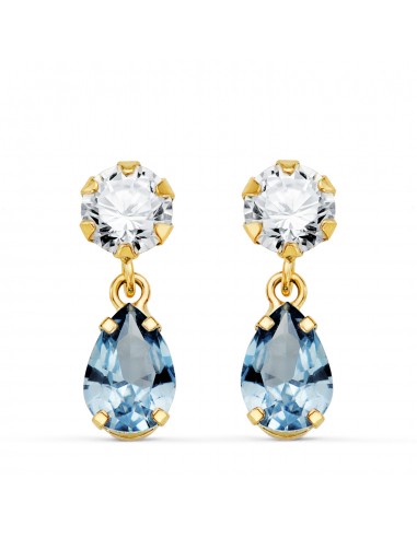 18K PENDIENTES ORO AMARILLO DOS CUERPOS CON CIRCONITA Y AGUAMARINA LAGRIMA 16 X 5MM. CIERRE PRESION