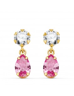 18K PENDIENTES ORO AMARILLO DOS CUERPOS CON CIRCONITA Y PIEDRA ROSA LAGRIMA 16 X 5MM. CIERRE PRESION